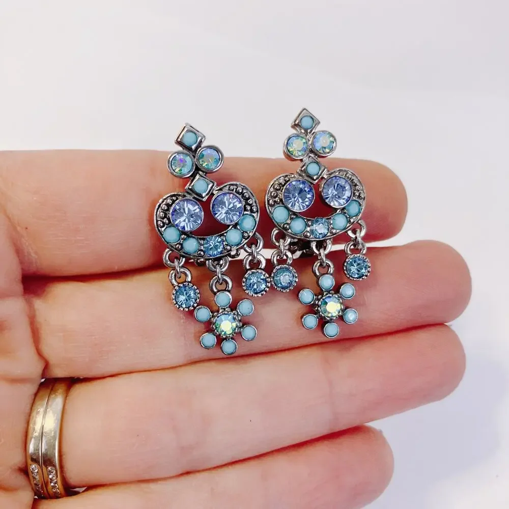 Signed Kirks Folly Blue Rhinestone Floral Chandelier Clip On Earrings Vintage